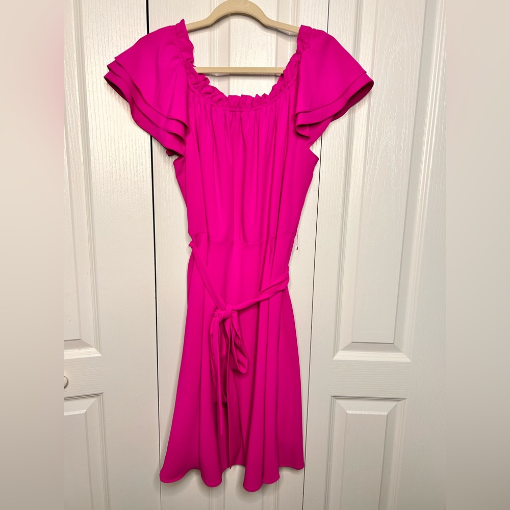 Vince Camuto Womens 16 Pink Off The Shoulder Ruffle Sleeve Tie Knee Length Dress